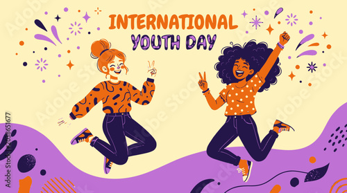 Brightly colored celebration of International Youth Day depicts energetic young people jumping joyfully with raised arms and peace signs conveying happiness and empowerment to a global audience