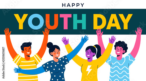 Celebration of Youth Day with Diverse People Raising Hands Upwards in Excitement and Joy Wearing Colorful Apparel Symbolizing Energy and Future Opportunities Together as a Community Showing
