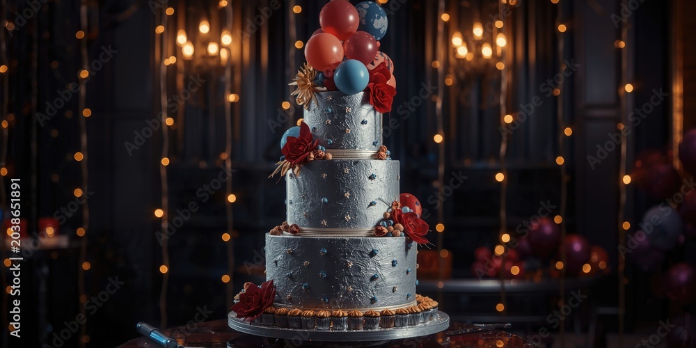 Obraz premium Elegant multi level silver cake decorated with balloons against a dark party background
