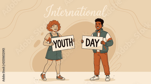 Celebrate International Youth Day with diverse young people holding signs that spell out the event name symbolizing unity engagement and empowerment for global youth communities and future
