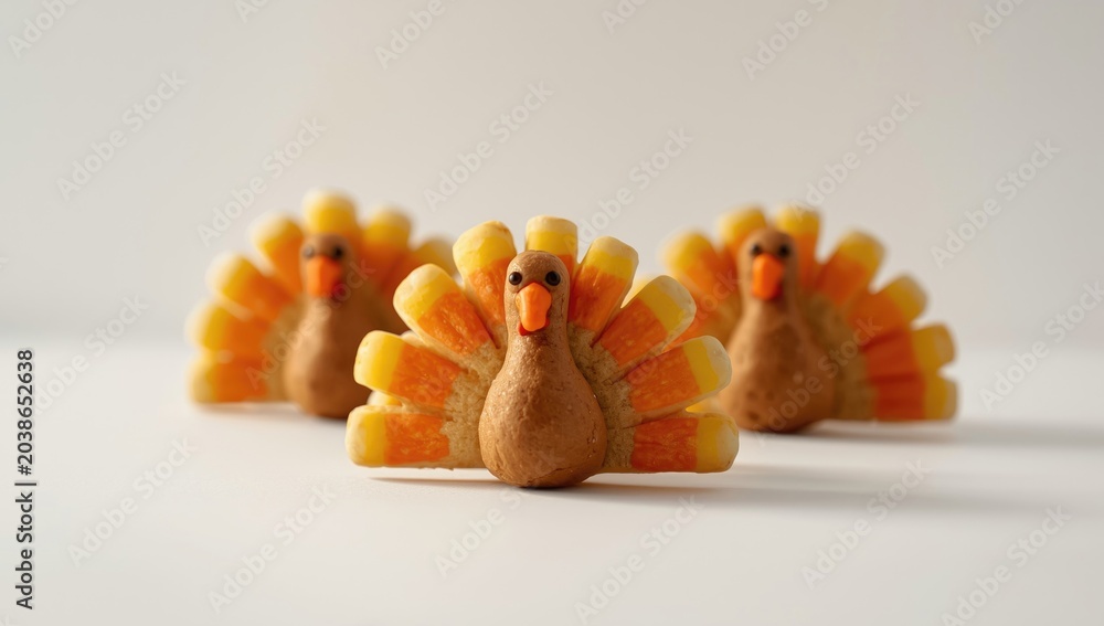 Obraz premium Festive tall turkey cookies with candy corn tails placed against plain background for text