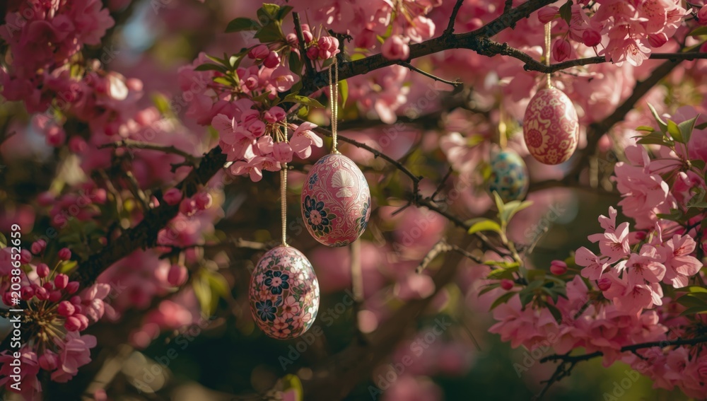 Obraz premium Handcrafted Easter eggs adorning a vibrant laburnum tree in springtime