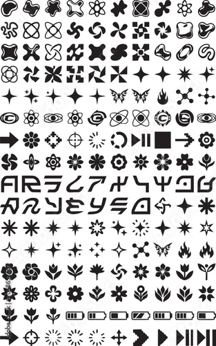 Abstract Decorative Symbol And Geometric Shape Icon Pack With Stars Flowers Crosses Arrows Technology Marks And Futuristic Elements Editable Vector Design Collection Y2K