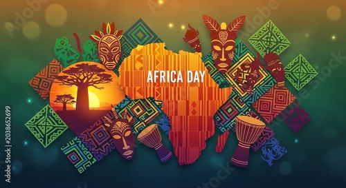 Vibrant Africa Day Celebration with Festive Decorations and Cultural Symbols in Glowing Neon Style