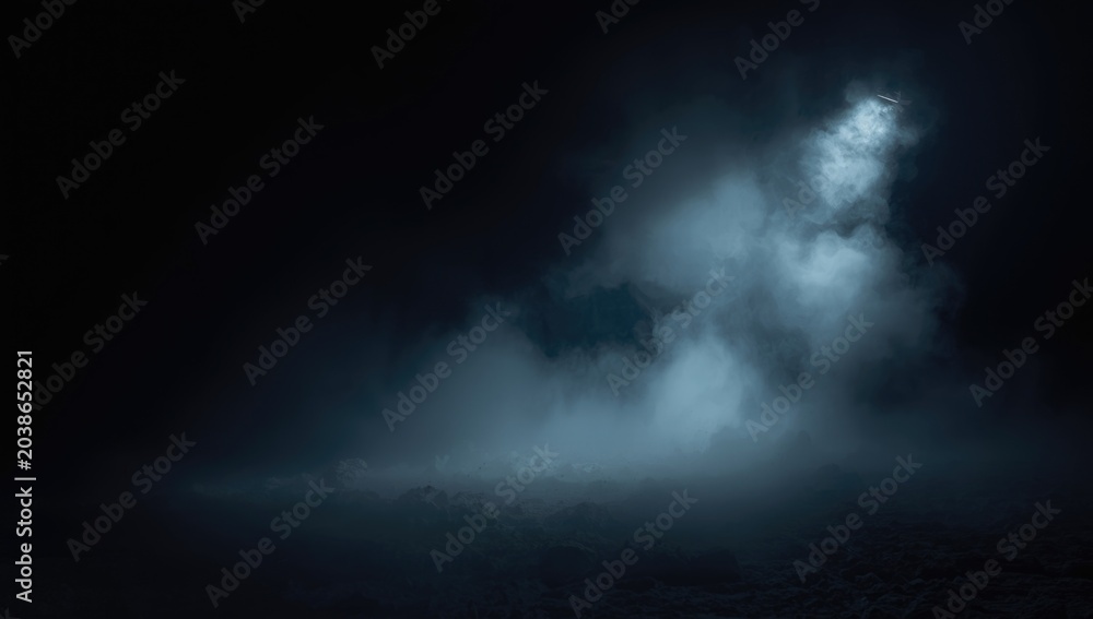 Fototapeta premium Empty dark backdrop enhanced by fog dry ice and smoky spotlight mist