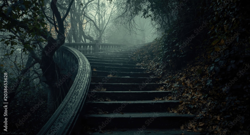 Obraz premium Dark mystical stairs emerging from enchanted forest mist