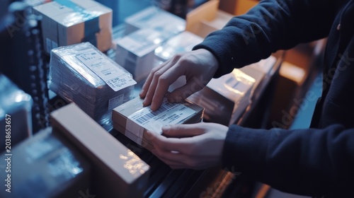 Person inspecting a package in a warehouse.  Close-up view of hands examining a cardboard box with labels.  Many other boxes and supplies are visible in the background.