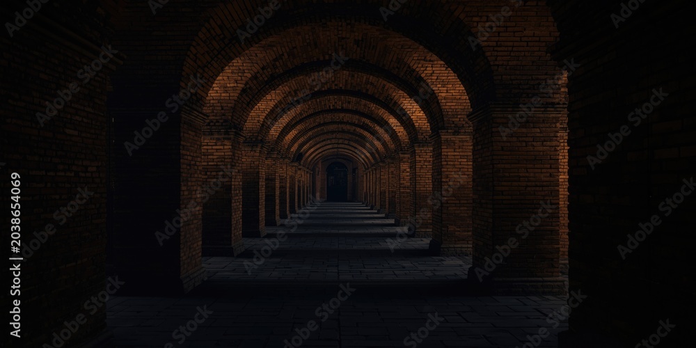 Fototapeta premium Detailed architectural tunnel with symmetrical brick arches in a building, illuminated by ambient glowing lamps in darkness