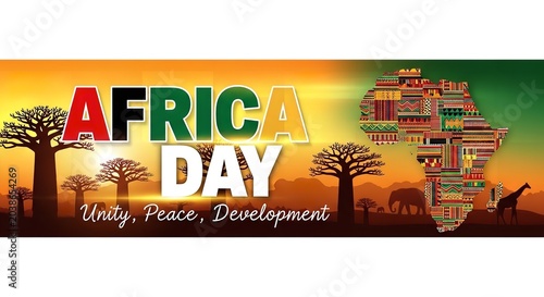 Africa Day Celebration with Unity Peace and Development Theme in Vibrant Sunset Landscape