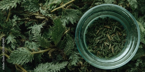 Dried nettle leaves and cle...