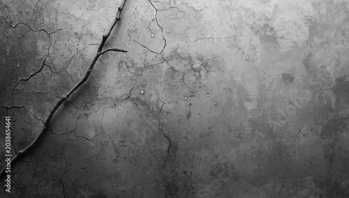Grayscale artistic image of cracked wall texture with water droplets and twig resemblance