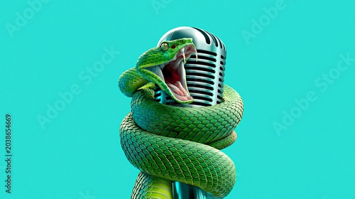 Green snake wrapped around vintage microphone on turquoise background