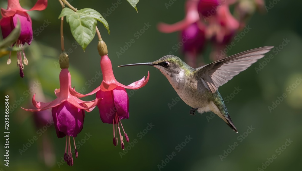 Naklejka premium Friendly hummingbird feeding on open fuchsia flowers in nature
