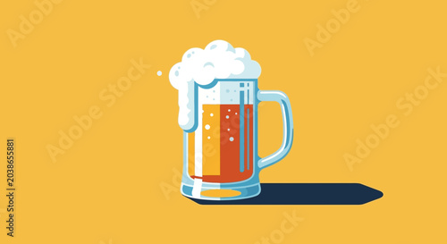 Photography Minimalist Vector Illustration of a Frothy Beer Mug on Yellow Background