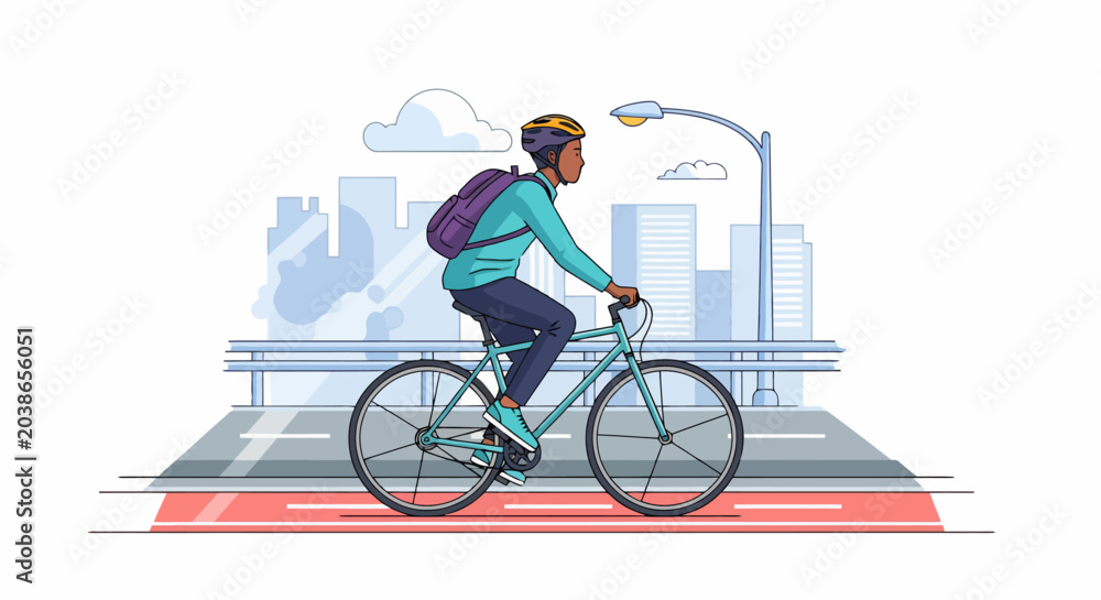 Fototapeta premium Person riding a bicycle with helmet and backpack in the city.