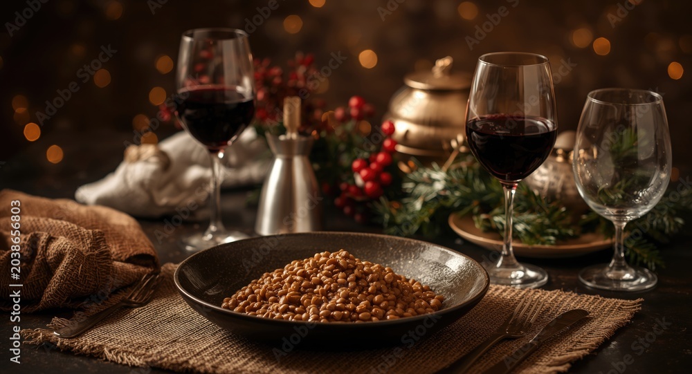 Obraz premium Festive New Years Eve Italian table featuring cotechino with lentils and red wine