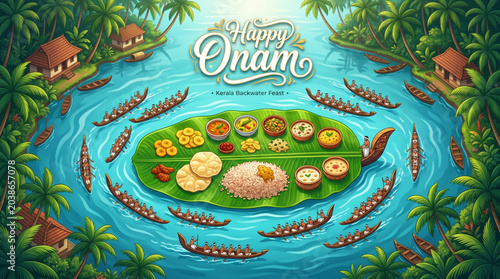 Happy Onam Festival Celebration with Kerala Backwaters Snake Boat Race and Traditional Sadya Feast
