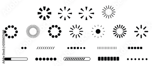 Loading Indicator Icons: A collection of various loading bar and spinner icons. digital progress, interface element, loading animation, web design.