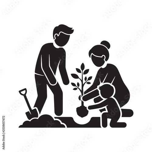 Family planting a tree together flat icon for global day of parents on transparent background