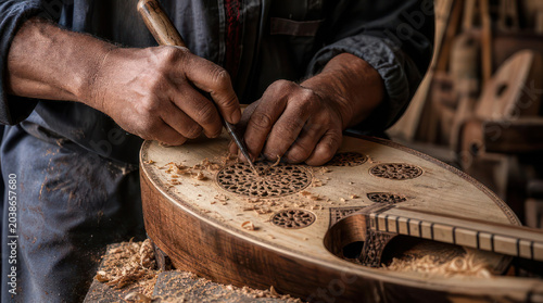 Crafting an Oud Detailed Hand Carving of a Musical Instrument.