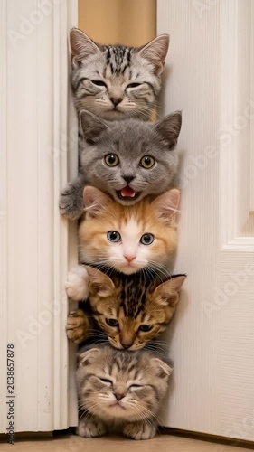 Cute kittens peeking from behind a door in cozy indoor lighting pet lifestyle video