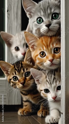 Cute kittens peeking from behind a door in cozy indoor lighting pet lifestyle video