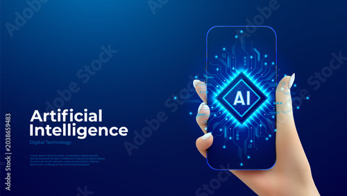 Technology mobile AI processor concept. Woman hand holding phone with illuminated AI chip concept on display. Glowing circuit lines surround semiconductor. AI technology integrated into phone. Vector.