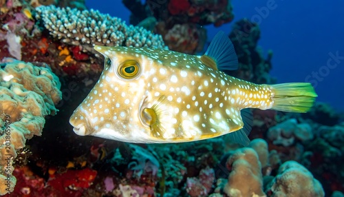 A large pufferfish with white spots swims near coral reef
