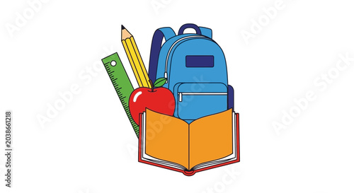 Colorful school supplies illustration featuring a backpack open book apple ruler and pencil.