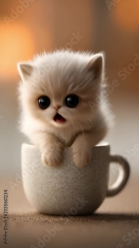 Cute fluffy kitten sitting inside a cup with soft cozy lighting adorable pet video.