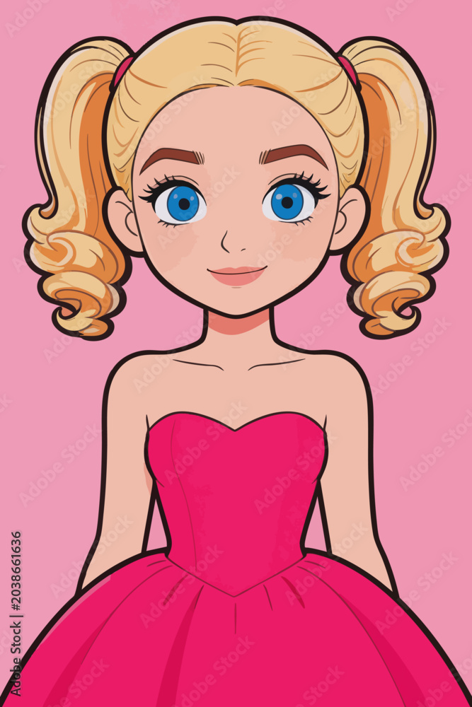 Fototapeta premium Cartoon pretty girl in pink strapless evening dress