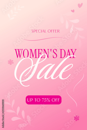 Women’s Day Sale Banner Template for Beauty, Fashion and Online Shopping Promotion. Vertical banner with soft pink gradient copy space
