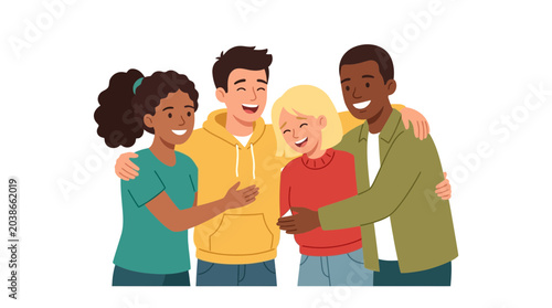 Diverse group of happy young friends embracing together 1.