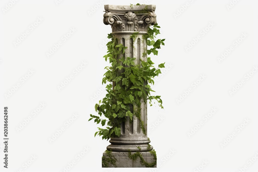 Naklejka premium Single fluted marble column with a classical capital covered in natural green ivy