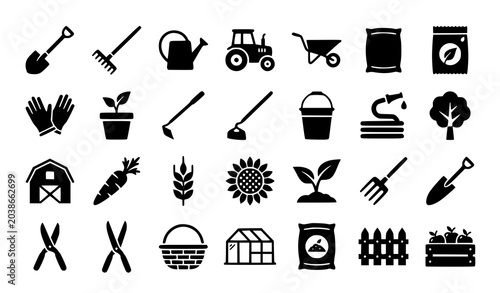 Gardening and agriculture silhouette icons collection, farm tools vector set.