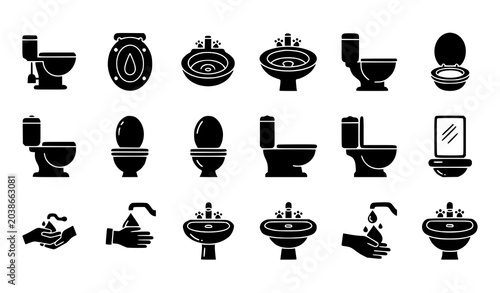 Modern bathroom fittings toilet bowls sinks and plumbing sanitary ware black icons collection set