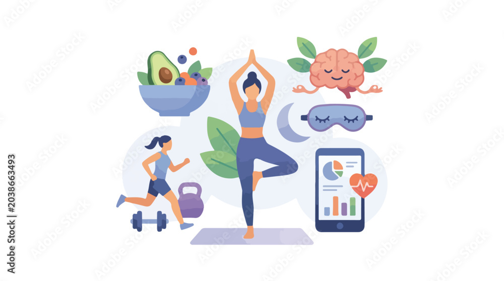 Naklejka premium Healthy Lifestyle and Wellness Concept with Fitness Activities and Nutrition.