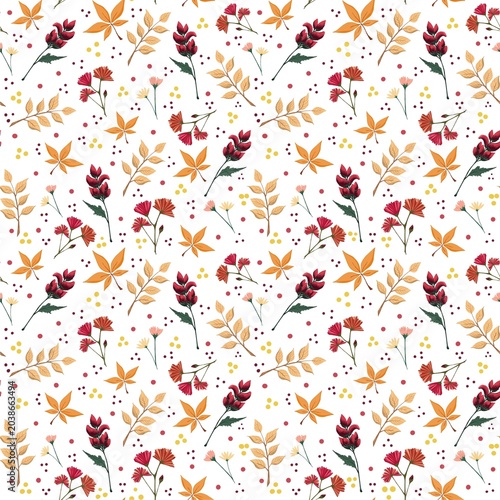 Seamless autumn Colorful floral pattern with various autumn flowers and leaves on a white background perfect for textile or wallpaper
