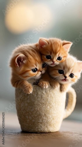 Tiny cute kittens sitting inside a cozy cup with soft lighting adorable pet video.