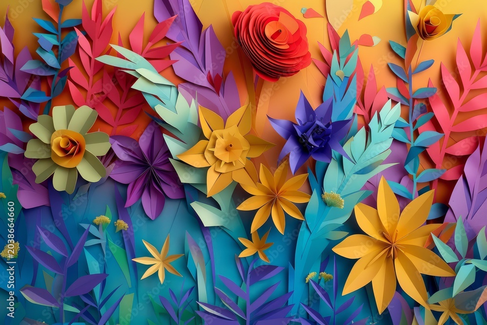 Fototapeta premium Colorful paper craft flowers and leaves forming a vibrant and lively garden scene