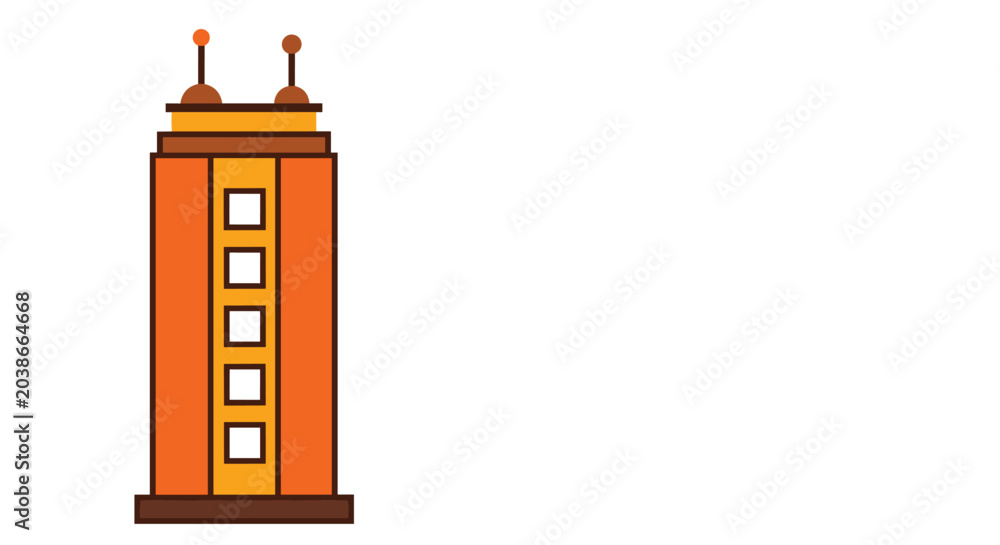 Obraz premium Flat vector icon of a tall orange and yellow skyscraper featuring a series of windows and dual antennas on its roof against a white background.