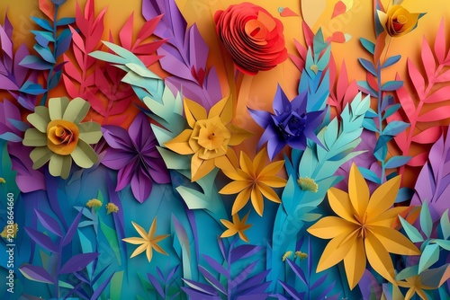 Colorful paper craft flowers and leaves forming a vibrant and lively garden scene