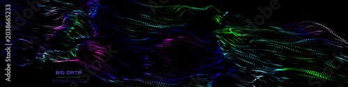 Abstract digital data from wavy stream colorful points quantum computing in dark cyberspace. Tech information transmission. Big data.