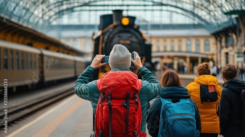 Tourists capturing the vintage steam train at a grand railway station with anticipation of a