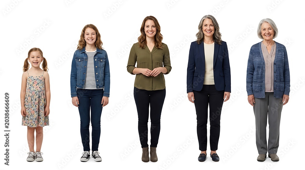 Obraz premium Group of five Caucasian females of different ages standing in a row from youngest to oldest on a white background, representing aging and life stages