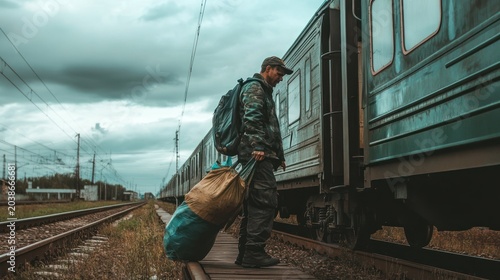 Traveling man boarding a vintage train with heavy baggage under a cloudy sky reflecting a journey