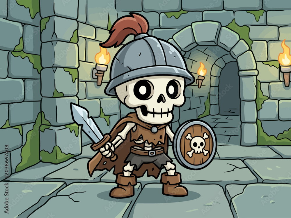 Naklejka premium A cartoon skeleton warrior standing in armor with a sword and shield.