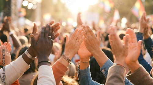 Large diverse group of people celebrating at an outdoor pride parade festival clapping hands in support of LGBTQ rights and equality