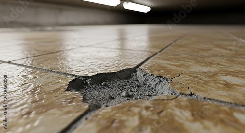 Cracked and damaged vinyl asbestos tiles in a home interior showing crumbly substrate highlighting asbestos exposure risks and the need for professional abatement