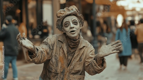 Expressive Living Statue Performer Entertaining Crowds in a Bustling City Street